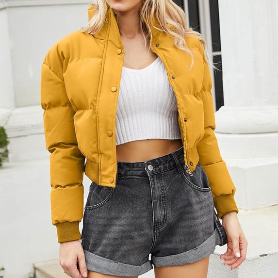 Xdegoge Womens Cropped Puffer Jacket Winter Long Sleeve Stand Collar Zip Up Warm Bubble Coat with Pockets Y2K Outerwear Thick Padded Fashion Streetwear