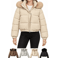 thumbnail image 1 of Xdegoge Womens Cropped Puffer Jacket with Hood Winter Warm Insulated Quilted Coat Full Zip Snap Button Short Outerwear for Daily Commute Vacation, 1 of 9