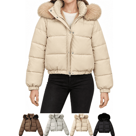 Xdegoge Womens Cropped Puffer Jacket with Hood Winter Warm Insulated Quilted Coat Full Zip Snap Button Short Outerwear for Daily Commute Vacation