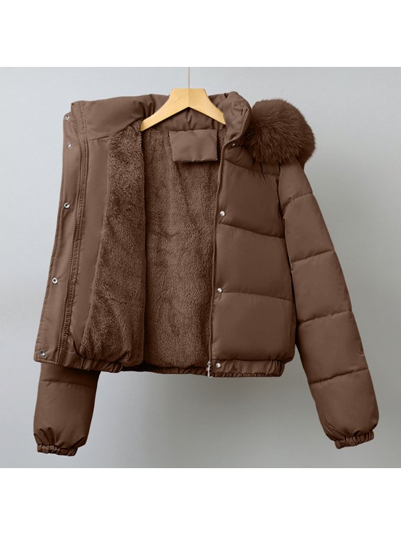 Womens Cropped Puffer Jacket with Hood Winter Warm Insulated Quilted Coat Full Zip Snap Button Short Outerwear for Daily Commute Vacation