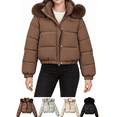thumbnail image 1 of Xdegoge Womens Cropped Puffer Jacket with Hood Winter Warm Insulated Quilted Coat Full Zip Snap Button Short Outerwear for Daily Commute Vacation, 1 of 9