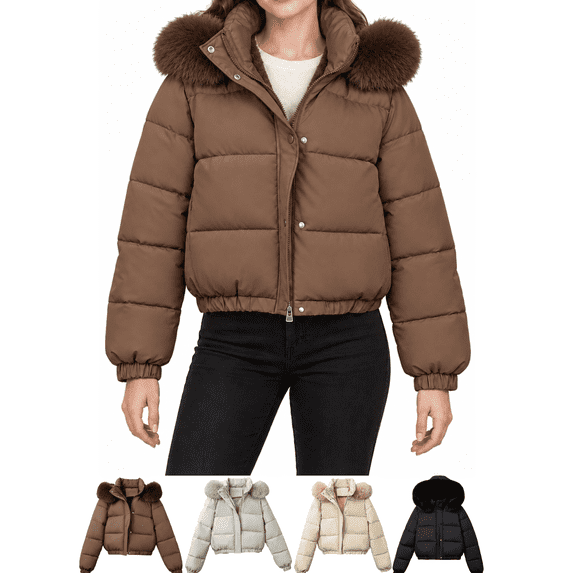 Xdegoge Womens Cropped Puffer Jacket with Hood Winter Warm Insulated Quilted Coat Full Zip Snap Button Short Outerwear for Daily Commute Vacation