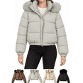thumbnail image 1 of Xdegoge Womens Cropped Puffer Jacket with Hood Winter Warm Insulated Quilted Coat Full Zip Snap Button Short Outerwear for Daily Commute Vacation, 1 of 8