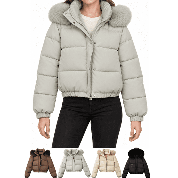 Xdegoge Womens Cropped Puffer Jacket with Hood Winter Warm Insulated Quilted Coat Full Zip Snap Button Short Outerwear for Daily Commute Vacation