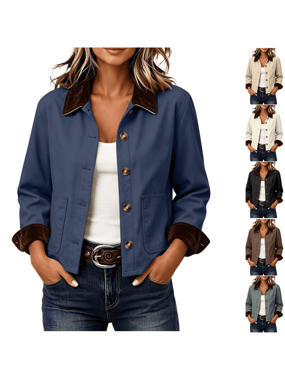 Womens Cropped Utility Jacket Shacket Button Down Short Coat Contrast Corduroy Collar Long Sleeve Casual Fall Lightweight Outerwear Tops