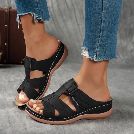 Xdegoge Womens Cross Strap Sandals Slip On Open Toe Summer Beach Shoes Thick Sole Wedge Hollow Out Boho Walking Ladies Slippers Casual Mules Clogs