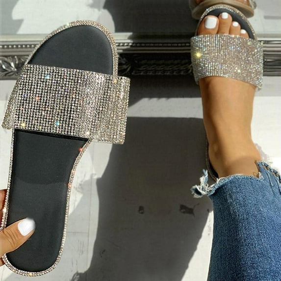 Xdegoge Womens Crystal Slides Open Toe Flat Rhinestone Embellished Strap Summer Shoes Pull On Dressy Chic Bling Footwear for Ladies Party Evening Event
