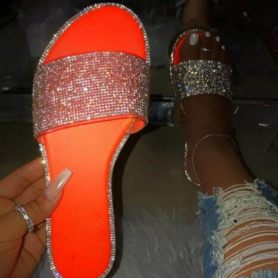Xdegoge Womens Crystal Slides Open Toe Flat Rhinestone Embellished Strap Summer Shoes Pull On Dressy Chic Bling Footwear for Ladies Party Evening Event
