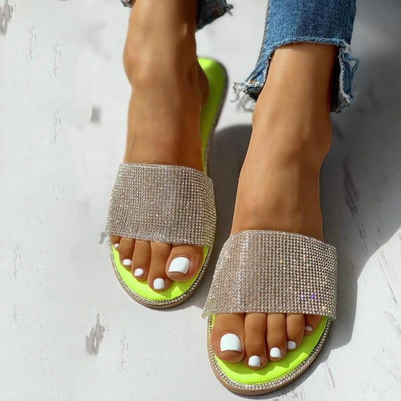 Xdegoge Womens Crystal Slides Open Toe Flat Rhinestone Embellished Strap Summer Shoes Pull On Dressy Chic Bling Footwear for Ladies Party Evening Event