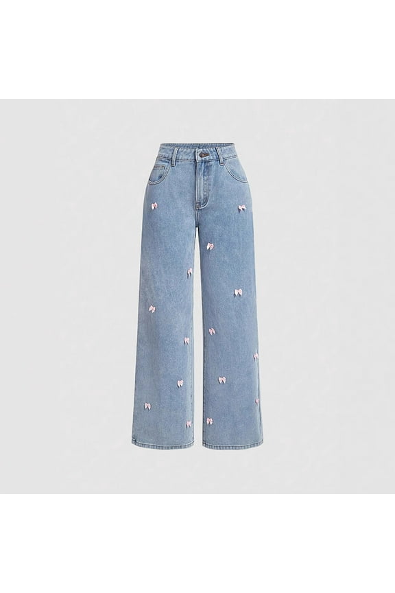 Womens Cute Jeans Straight Leg Wide Leg Denim Pants Casual Loose Fashion Bow Embroidered Pant Stylish Y2K Denim Bottoms with Pockets