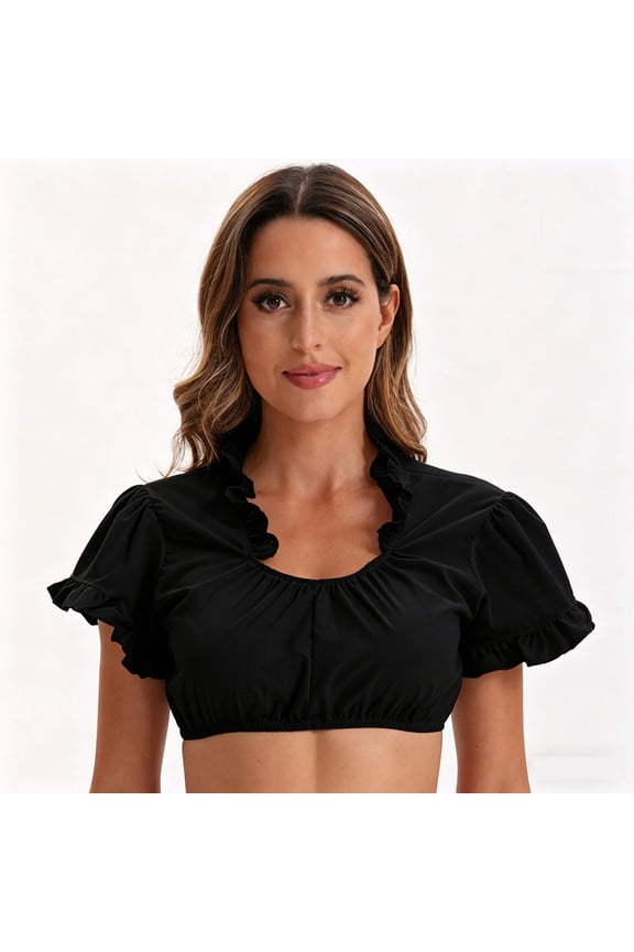 Womens Dirndl Blouse Lace Trim Mesh Puff Short Sleeve Ruched Front Square Neck Crop Top Y2K Fairycore Slim Fit Bavarian Festival Party Clubwear Vintage Sweet T Shirts Blouses