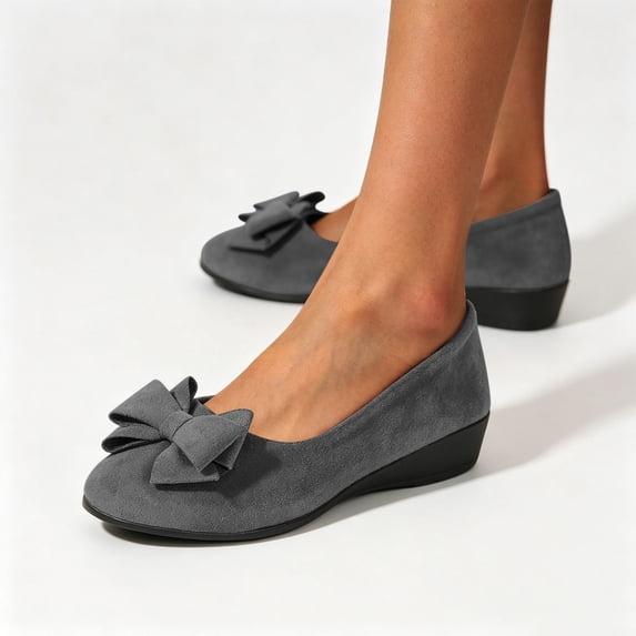 Xdegoge Womens Dress Shoes Low Wedge Loafers Suede Finish Large Bow Knot Pointed Round Toe Closed Toe Slip On Professional Office Work Fashionable Walking Pumps Casual