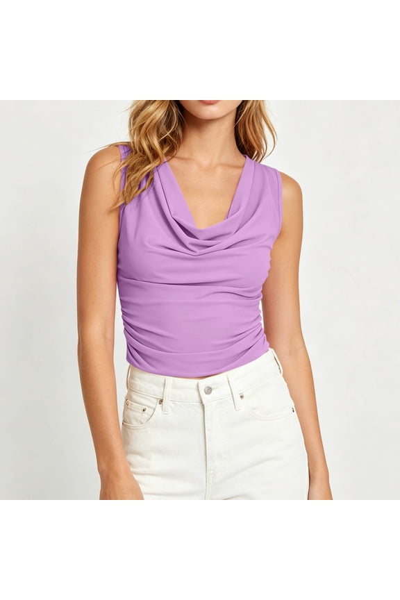 Womens Elegant Cowl Neck Tops Sleeveless Ruched Draped Front Fitted Casual Blouses Summer Going Out Party Club Y2K Fashion Basic Layering Tank Tees Shirts