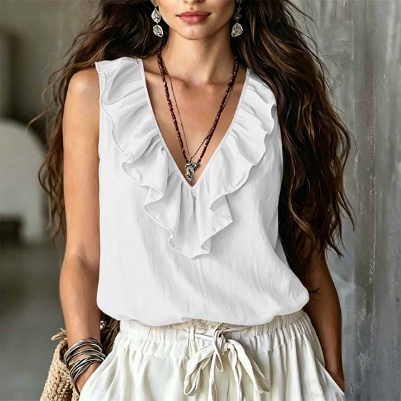 Xdegoge Womens Elegant Ruffle Trim Tank Tops Deep V Neck Sleeveless Blouses Casual Summer Flowy Shirts Chic Office Party Camisoles Lightweight Dressy Tunic Tees Minimalist Basic