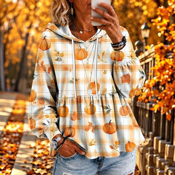 Xdegoge Womens Fall Pumpkin Print Hooded Sweatshirts Long Sleeve Babydoll Peplum Pullover Ruffle Hem Graphic Tops Casual Thanksgiving Clothes