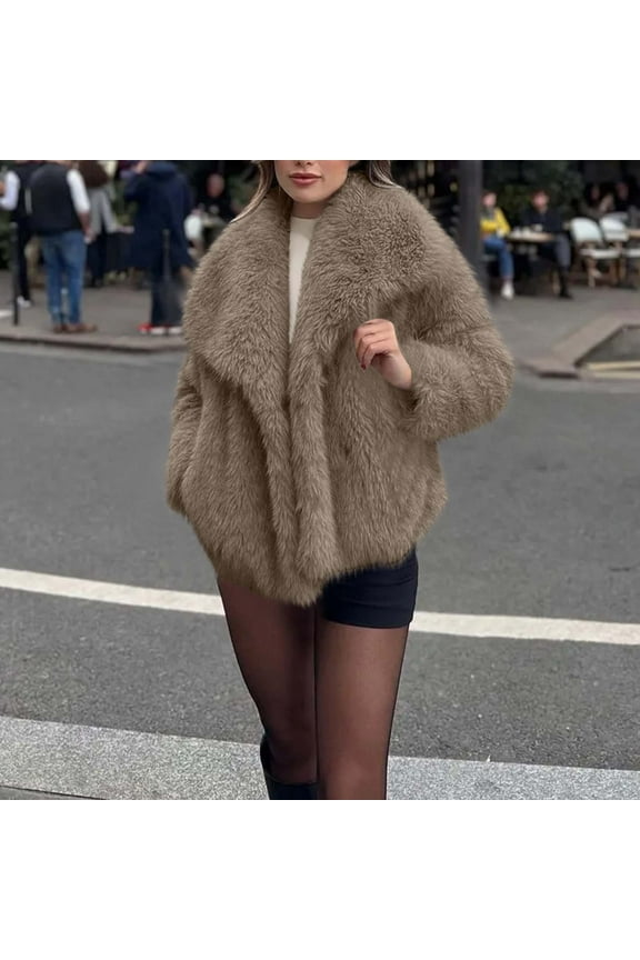 Womens Faux Fur Coat Lapel Open Front Fluffy Shaggy Jacket Cropped Trendy Plain Long Sleeve Oversized Jackets 2025 Winter Warm Furry Overcoat