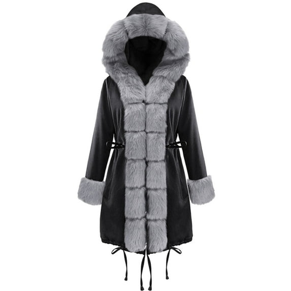 Xdegoge Womens Faux Fur Coat Open Front Drawstring Hem Tunic Thicken Hooded Overcoat Solid Color Plus Size Snow Long Jacket with Pockets Winter Thermal Fuzzy Coats 2025