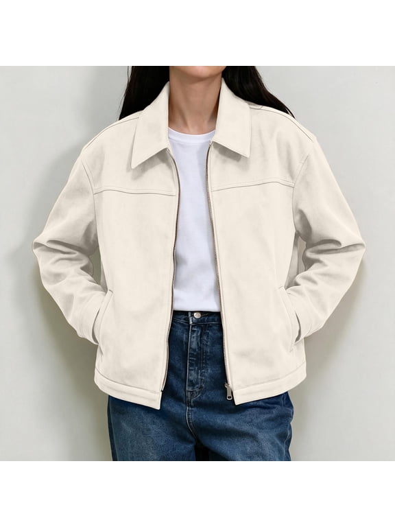 Womens Faux Suede Leather Jacket Long Sleeve Zip Up Moto Biker Coat Vintage Short Outerwear for Spring Fall Casual Streetwear