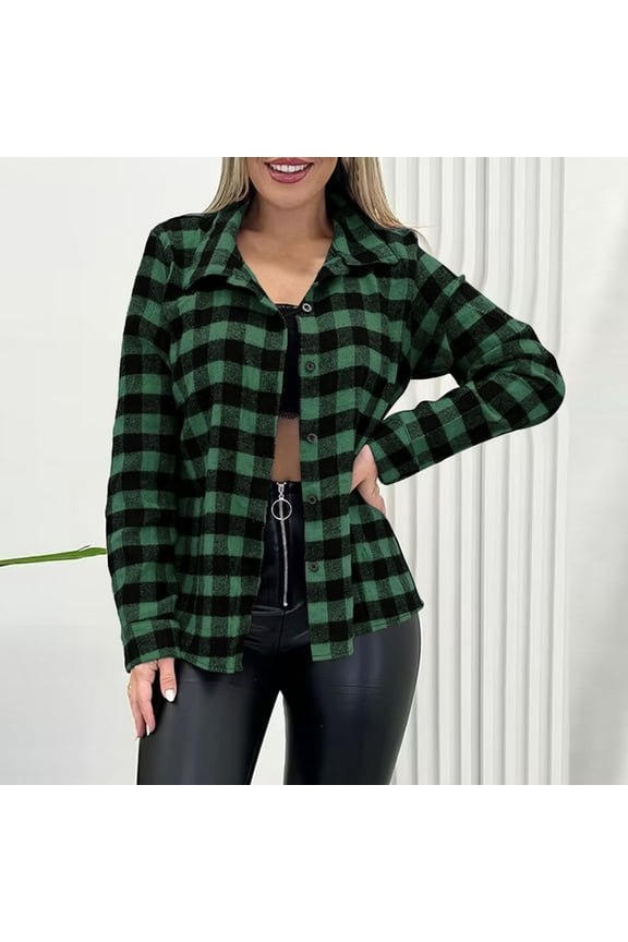 Womens Flannel Shirts Long Sleeve Button Down Vintage Plaid Jacket Casual Tunic Dressy Loose Lapel Jackets 2025 Fall Winter Trendy Comfy Tops