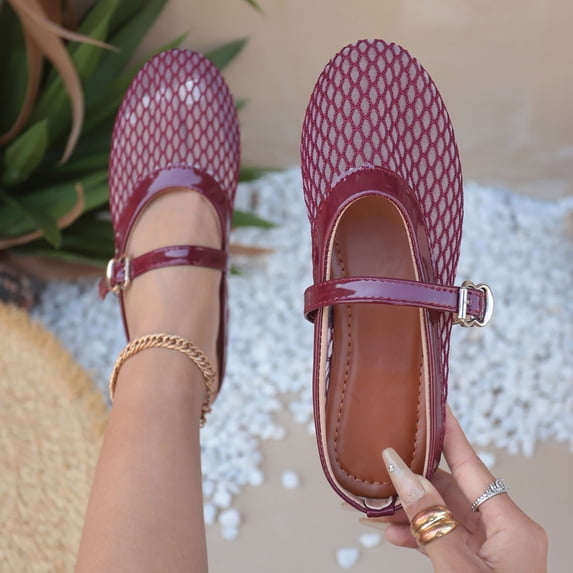 Xdegoge Womens Flats Summer Mesh Ballet Shoes Breathable Net Upper Mary Jane Buckle Strap Round Toe Slip On Loafers Casual Walking Office Dressy Shoe Wear