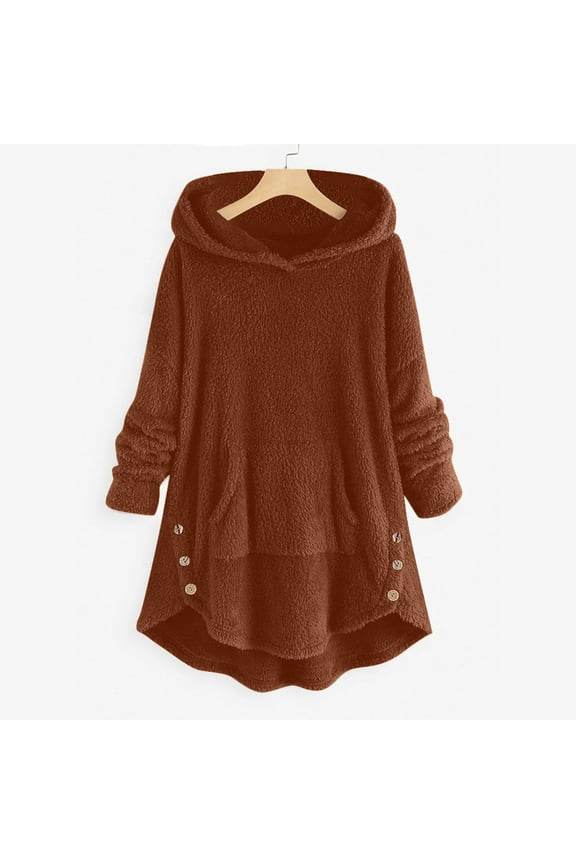Womens Fleece Coat Plus Size, S-5XL, Cold Weather Winter Fashion Clothes Thermal Comfy Lightweight Oversized Hoodies Fuzzy Cozy Warm Long Sleeve Hooded Pullover Coats with Pockets