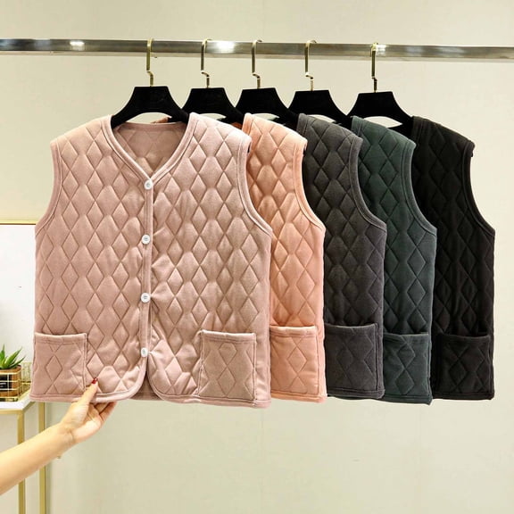 Xdegoge Womens Fleece Lined Vest Button Down V Neck Lightweight Quilted Vests with Pockets Vintage Casual Loose Sleeveless Jacket Winter Warm Coats 2025