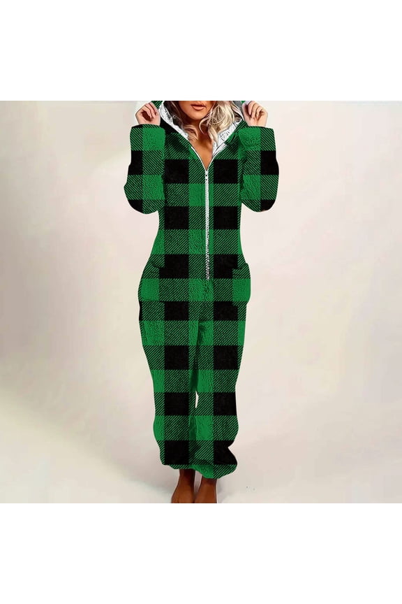 Womens Fleece Pajamas Plaid Flannel Zip Up Long Sleeve Fleece Romper Soft Cozy Hooded Winter Warm Jumpsuits Lounge Sleepwear Onesies with Pockets