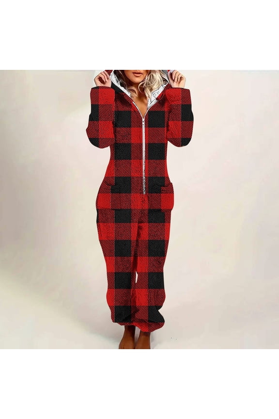 Womens Fleece Pajamas Plaid Flannel Zip Up Long Sleeve Fleece Romper Soft Cozy Hooded Winter Warm Jumpsuits Lounge Sleepwear Onesies with Pockets