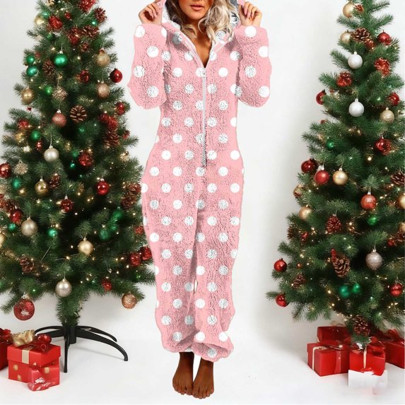 Xdegoge Womens Fleece Pajamas Sleepwear Fuzzy Winter Onesies Polka Dot Vintage Loose Hooded Cozy One Piece Long Sleeve Zip Up Jumpsuits Pjs Outfits