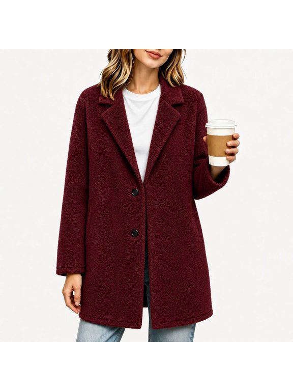 Womens Fuzzy Bear Coat Warm Fleece Winter Notched Lapel Overcoat Mid Length Thick Sherpa Jacket Fall Cozy Dressy Outerwear