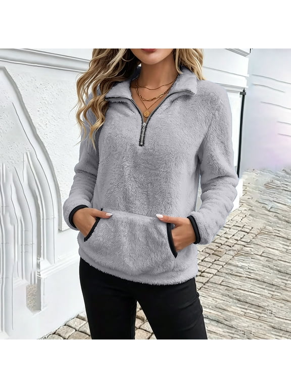 Womens Fuzzy Fleece Half Zip Pullover Sweaters Long Sleeve Fluffy Sherpa Sweatshirts Casual Warm Outerwear Tops with Pockets for Fall Winter Clothing