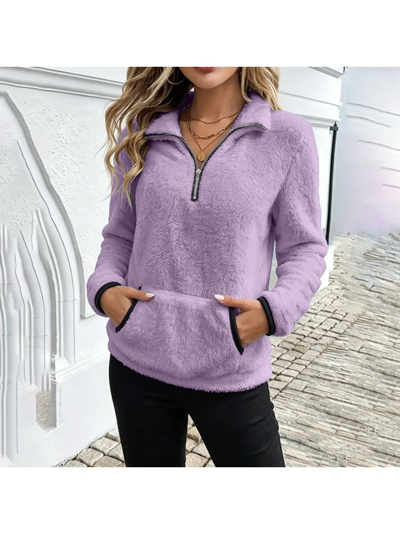 Womens Fuzzy Fleece Half Zip Pullover Sweaters Long Sleeve Fluffy Sherpa Sweatshirts Casual Warm Outerwear Tops with Pockets for Fall Winter Clothing