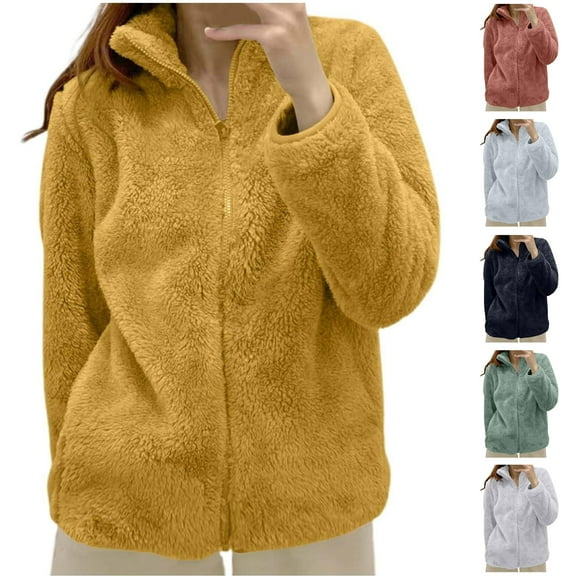Xdegoge Womens Fuzzy Fleece Jacket Zip Up Long Sleeve Stand Collar Sherpa Jackets Casual Soft Warm Solid Color Coat 2025 Winter Thick Outerwear Clothes