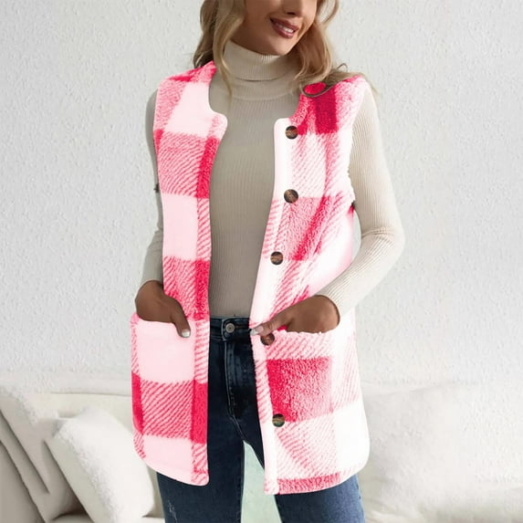 Xdegoge Womens Fuzzy Fleece Plaid Vests Round Neck Button Down Vintage Vest with Pockets Flannel Warm Trendy Sleeveless Jackets Oversized Winter Casual Jacket 2025