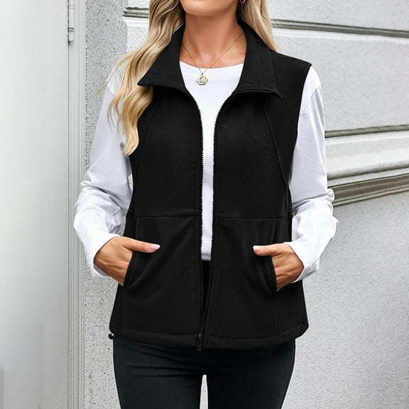 Xdegoge Womens Fuzzy Sherpa Fleece Vest Trendy Full Zip Casual Warm Winter Sleeveless Outerwear Travel Cardigan Lapel Jacket Lightweight Warm Gilet with Pockets Chaqueta Acolchada Para Mujer Black S