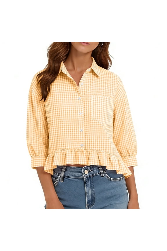Womens Gingham Check Ruffle Hem Blouse Three Quarter Sleeve Plaid Peplum Shirt Button Down Classic Casual Office Work Elegant Preppy Summer Fall Fashion Apparel Tops