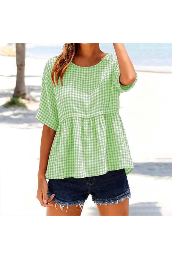 Womens Gingham Peplum Tops Round Neck Plaid Blouses Short Sleeve Casual Summer Shirts Soft Fabric Tees Relaxed Fit Tunics Everyday Fashion Work Summer Shirt