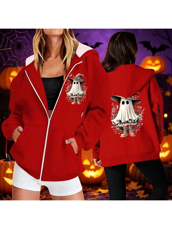 Womens Graphic Zip Up Hoodie Cute Halloween Ghost Print Long Sleeve Sweatshirt Jacket Casual Fall Coat Y2K Loose Fit Outerwear with Pockets