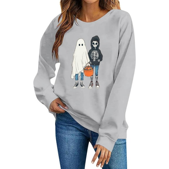 Xdegoge Ghost and Skeleton Print Sweatshirt Women Long Sleeve Crew Neck Halloween Graphic Top Casual Wear