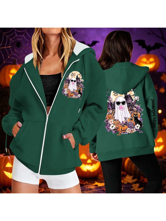 Womens Halloween Graphic Sweatshirts Full Zip Up Hooded Jackets Long Sleeve Ghost Tops Festival Casual Fall Clothes Outerwear with Pockets