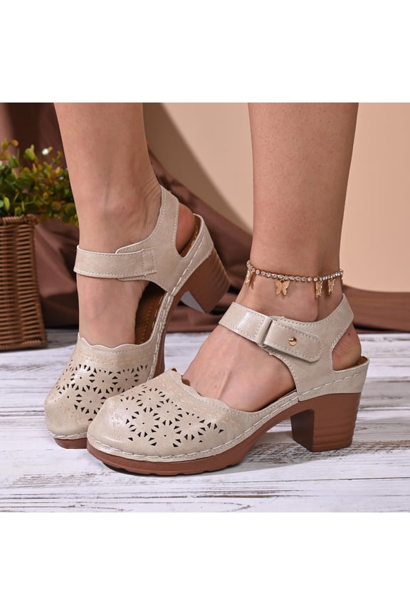 Womens Heels Sandals Closed Toe Chunky Block Pumps Geometric Cutout Pattern Hook Loop Ankle Strap Vintage Dressy Shoes for Work Office