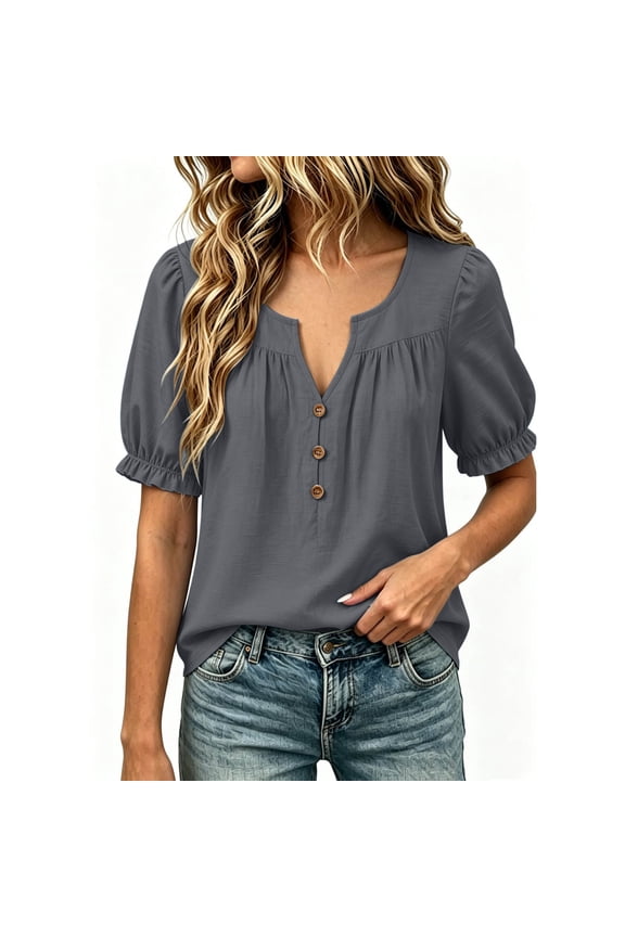 Womens Henley Tops Casual Puff Sleeve Blouses Smocked Cuff Shirts Soft Everyday Tees