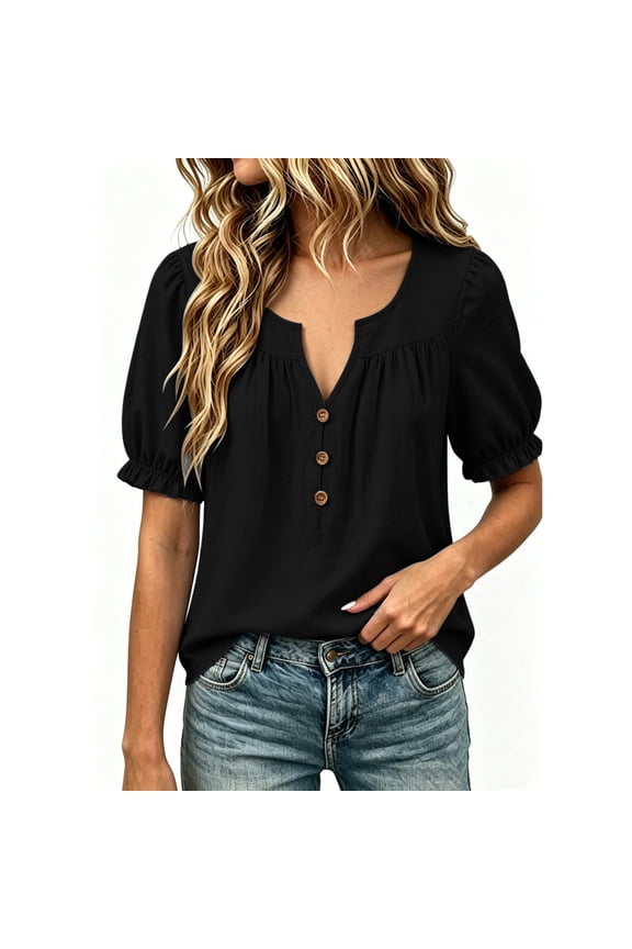 Womens Henley Tops Casual Puff Sleeve Blouses Smocked Cuff Shirts Soft Everyday Tees