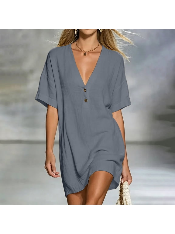 Womens Henley V Neck Long Tunic Tops Casual Short Sleeve Linen Textured Blouses Loose Fit Summer Beach Cover Up Shirts Drop Shoulder Vacation Pullover Tees
