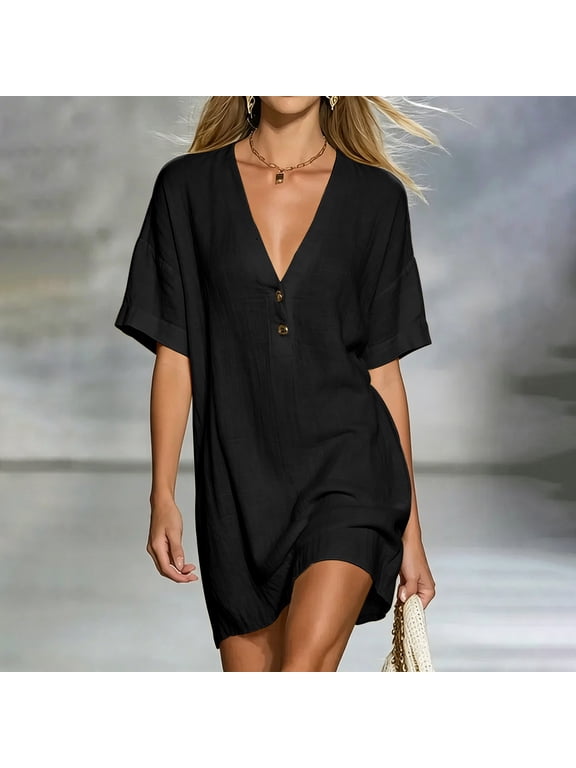 Womens Henley V Neck Long Tunic Tops Casual Short Sleeve Linen Textured Blouses Loose Fit Summer Beach Cover Up Shirts Drop Shoulder Vacation Pullover Tees