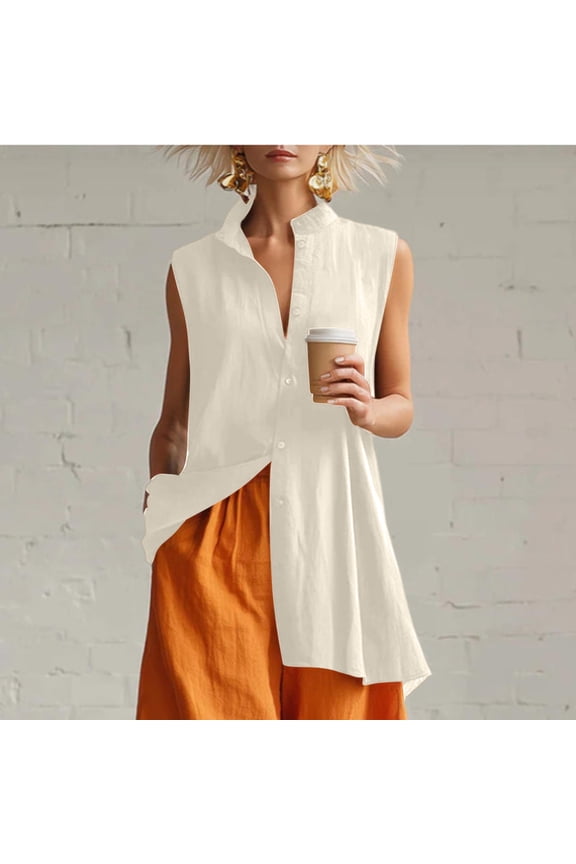 Womens High Low Hem Button Down Tunic Sleeveless Stand Collar Long Shirt Breathable Linen Feel Summer Casual Loose Fit Flowy Oversized Blouses Tops