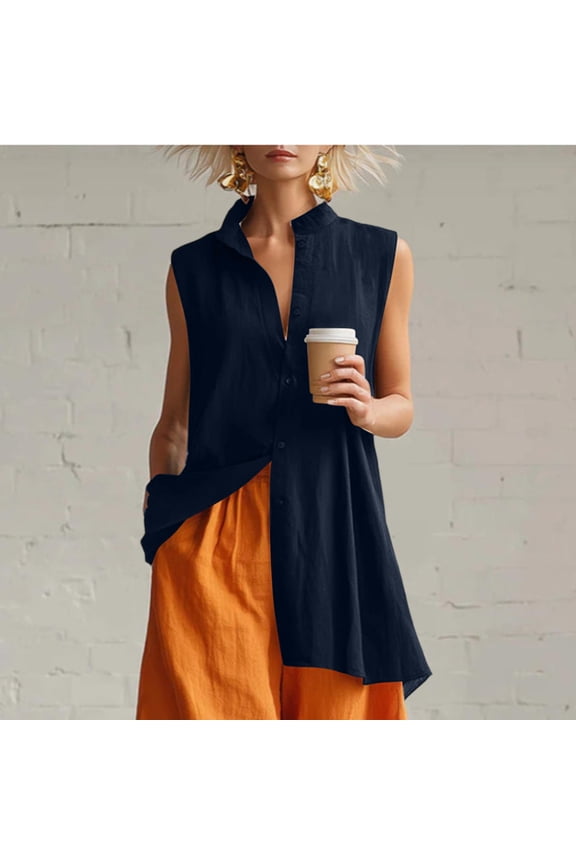 Womens High Low Hem Button Down Tunic Sleeveless Stand Collar Long Shirt Breathable Linen Feel Summer Casual Loose Fit Flowy Oversized Blouses Tops
