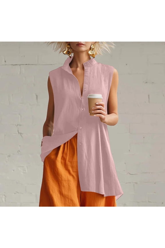 Womens High Low Hem Button Down Tunic Sleeveless Stand Collar Long Shirt Breathable Linen Feel Summer Casual Loose Fit Flowy Oversized Blouses Tops