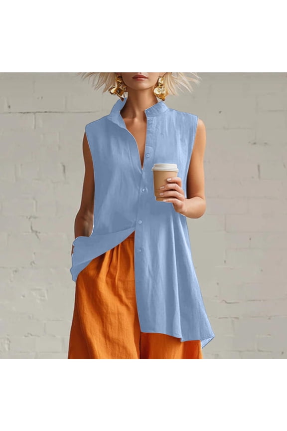 Womens High Low Hem Button Down Tunic Sleeveless Stand Collar Long Shirt Breathable Linen Feel Summer Casual Loose Fit Flowy Oversized Blouses Tops