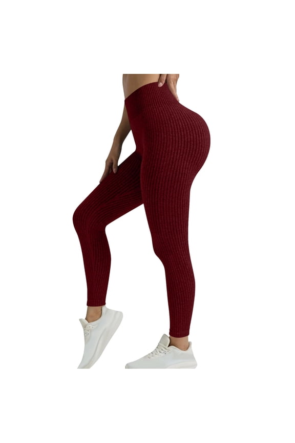Womens High Waisted Ribbed Yoga Leggings Elastic Stretch Compression Tights Seamless Workout Pants for Gym Activewear